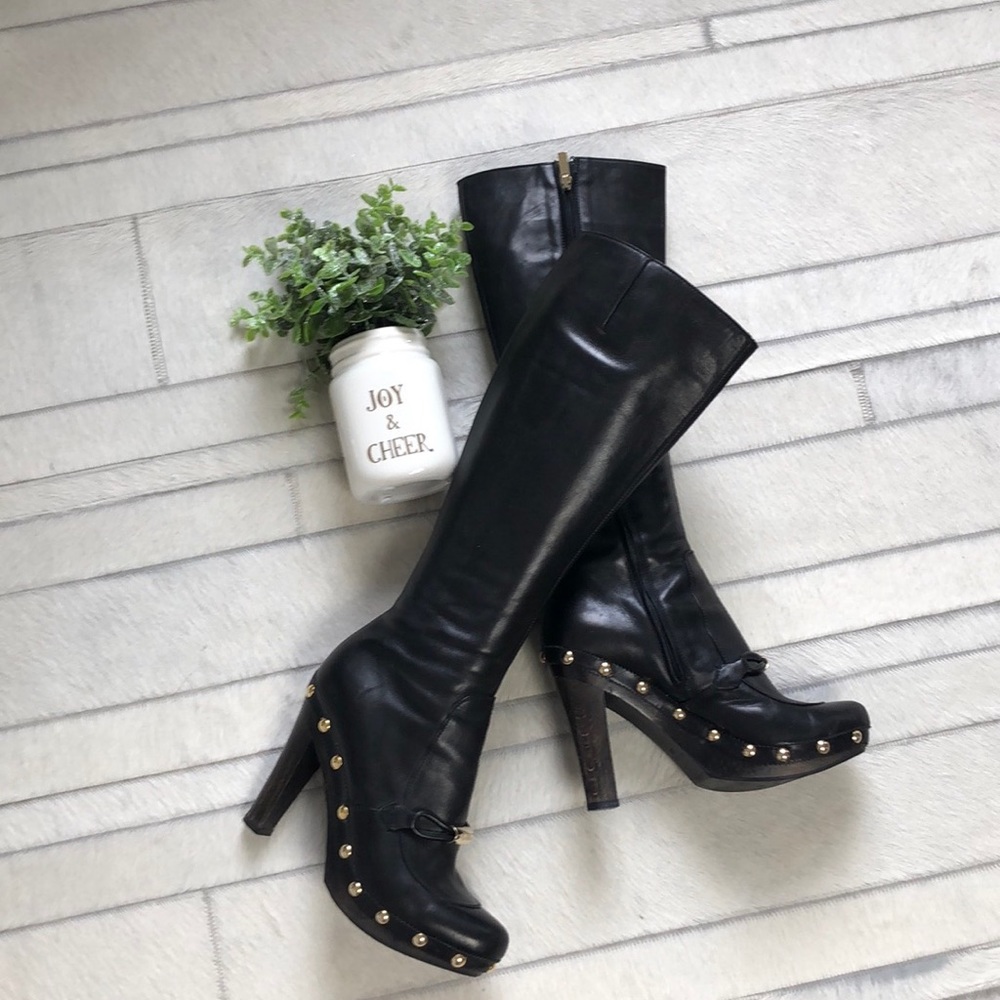 Yves Saint Laurent Black Leather Studded Knee Boots